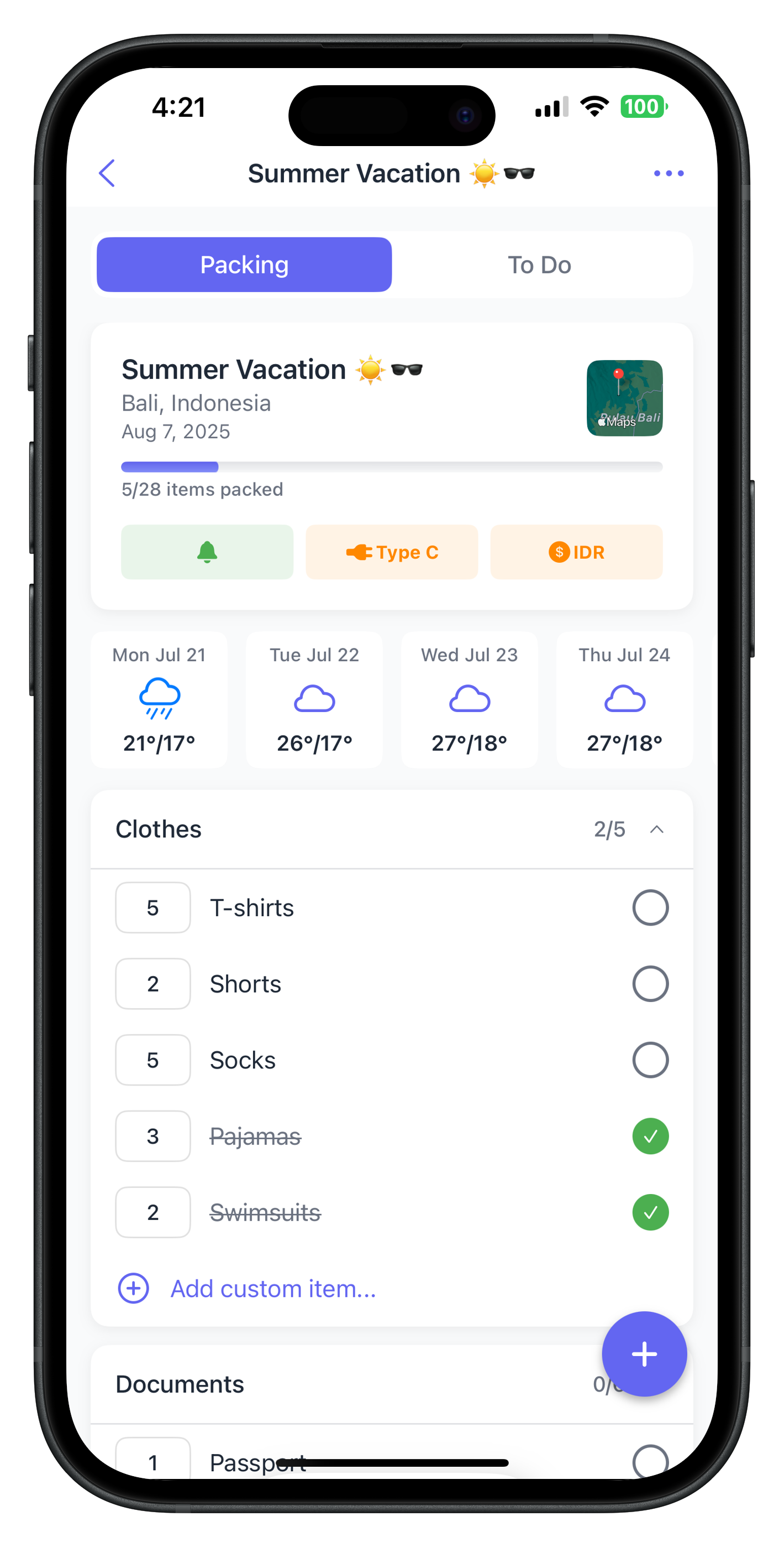 Smart packing lists organized by categories